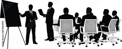 Silhouette of Business Professionals in Corporate Meeting with Flip Chart Presentation, Team Collaboration, Strategy Discussion, and Formal Office Environment