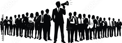 Silhouette of business leader with megaphone addressing team, symbolizing corporate communication, leadership, influence, and organizational unity.