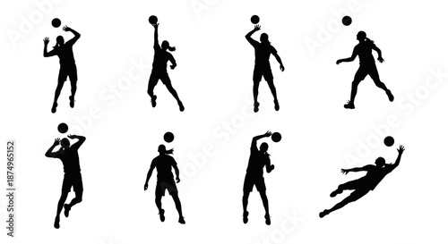 Dynamic collection of silhouetted volleyball players in various action poses, perfect for sports-themed designs and athletic illustrations.