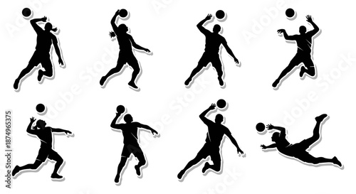 Dynamic collection of volleyball player silhouettes in various action poses, capturing the intensity and athleticism of the sport against a clean white background.