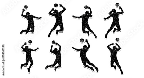 Dynamic collection of volleyball player silhouettes in various action poses, capturing the intensity and athleticism of the sport.