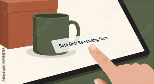 A digital tablet displaying a 'Sold Out! Re-stocking Soon' message, with a finger touching the screen next to a green mug and a brown box, illustrating online shopping and inventory challenges.