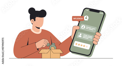 A modern cartoon illustration depicts a person unboxing a product while simultaneously engaging with an influencer's social media content on a smartphone, highlighting the intersection of e-commerce