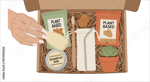 An illustration of a hand placing a plant-based item into an eco-friendly subscription box filled with sustainable products for a zero-waste lifestyle.