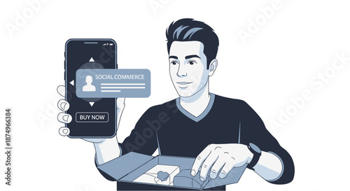 Young man using a smartphone for social commerce, receiving a package, illustrating modern online shopping and digital business transactions.