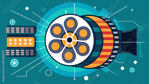 A blue background with a film reel and a camera. The film reel is surrounded by a circle of circles and the camera is at the bottom right