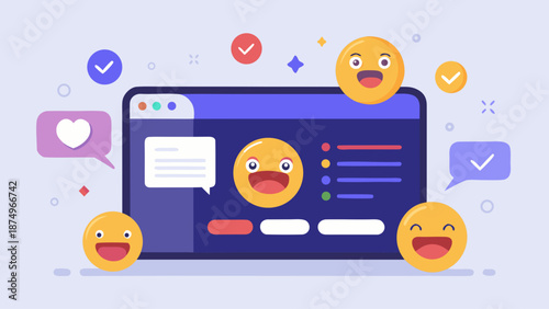 A computer screen with a smiling face and a heart. The smiling face is surrounded by other smiling faces and a heart. The image conveys a positive and happy mood