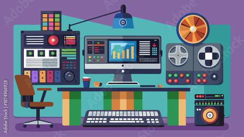 A computer desk with a keyboard, mouse, and monitor. The desk is surrounded by a purple background