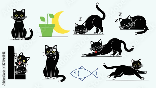 Collection of cute black cats in various poses and activities.