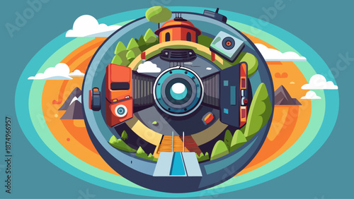 A vibrant and imaginative drawing of a cityscape with various modes of transportation, including a car, a train, and a house. The scene is set against a backdrop of mountains, adding a sense of depth