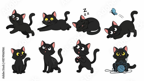 Collection of cute black cats in various poses and activities.