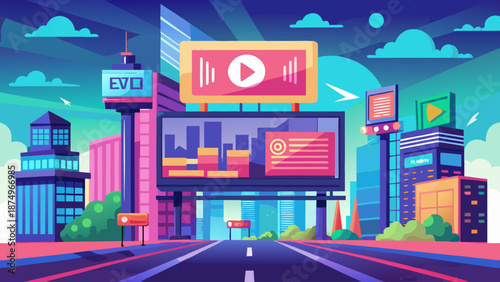 A cityscape with a large billboard that says "EVO" on it. The billboard is surrounded by buildings and trees, and there is a road in the middle of the scene. The sky is blue and cloudy