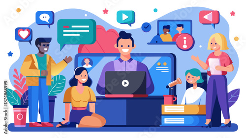 A group of people are gathered around a laptop, with one person smiling and another person looking at the screen. Concept of collaboration and teamwork