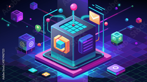 A colorful image of a cube with many other cubes surrounding it. The cubes are of different sizes and colors, and they are all connected to each other. Concept of complexity and interconnectedness