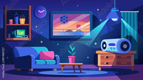 A cartoonish drawing of a living room with a couch, a coffee table, a potted plant, and a television. The room is dimly lit, and the television is on