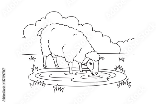 Sheep colouring page illustration, Sheep black outline vector  