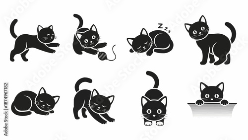 Collection of Cute Black Cat Poses and Actions.