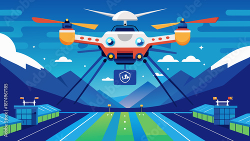 A red and white drone is flying over a green field. The drone is carrying a small box. The image has a playful and adventurous mood