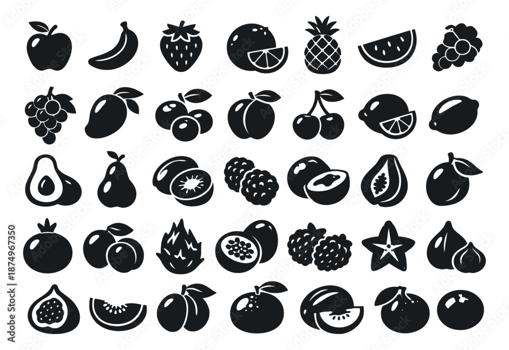 Fototapeta premium Minimalist fruit icon set featuring various healthy produce for food and nutrition designs