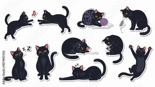 Collection of cute black cats in various playful poses.