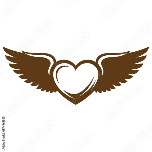 Drawing Vintage Brown winged heart symbol with outstretched wings on white background
