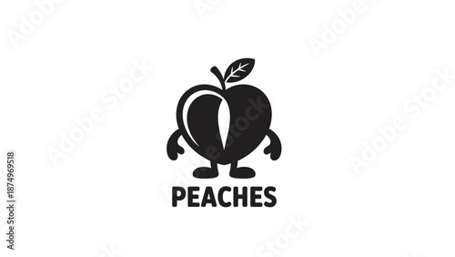 A stylized black logo of a cartoon peach with a leaf on a white background