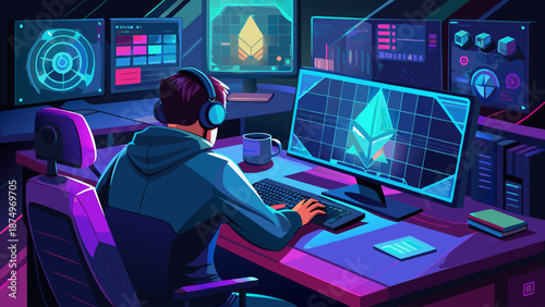 A man is sitting at a computer desk with a keyboard and a mouse. He is wearing headphones and he is focused on his work. The room is decorated with neon colors, giving it a futuristic