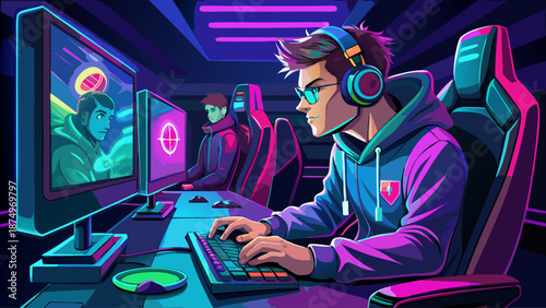 A man is playing a video game with two other people. He is wearing headphones and a hoodie