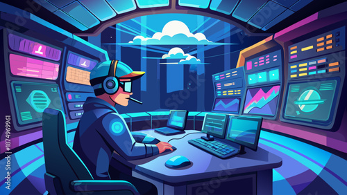 A man is sitting at a desk in front of a computer monitor. He is wearing headphones and a blue hat. The room is filled with computer monitors and keyboards. Scene is focused and serious