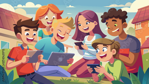 A group of children are sitting on the grass and playing with their tablets. They are all smiling and enjoying their time together
