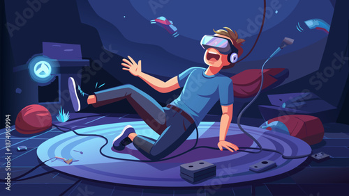 A man is playing a video game and falls on the floor. The room is messy with a lot of objects scattered around, including a backpack, a cell phone, and a remote