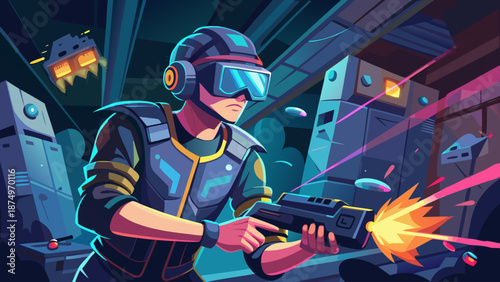 A man in a futuristic outfit is holding a gun and shooting at a robot. The scene is set in a dark, futuristic environment with neon lights and robots. The man is in a state of anger or frustration