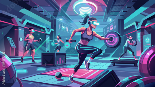 A woman is running in a virtual reality game with other people. The game is set in a futuristic gym with neon lights and a large ball. The woman is wearing a headset and holding a controller