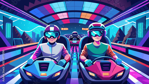 Two people are racing in a car, one of them wearing a helmet. The car is going down a track with neon lights and the background is a city