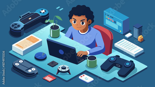 A man is sitting at a desk with a laptop and a video game controller. He is typing on the laptop and has a cup of coffee next to him. The desk is cluttered with various items, including a book