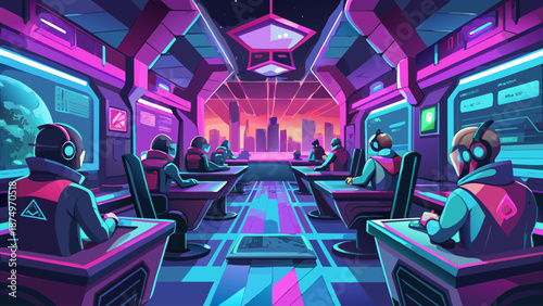 A group of people are sitting in a room with neon lights and a city view in the background