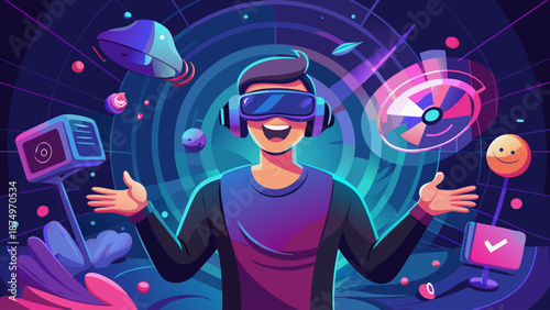 A man is wearing a virtual reality headset and is surrounded by various objects, including a remote control and a video game controller. Concept of excitement and adventure
