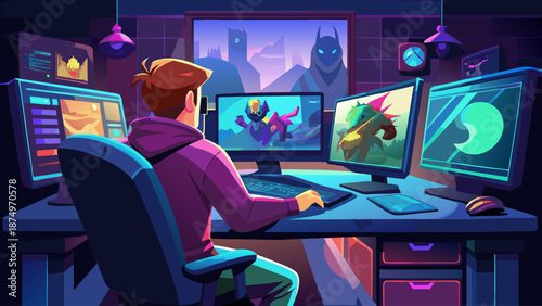 A man is sitting at a desk with a computer monitor in front of him. He is playing a video game and has a dragon on the screen