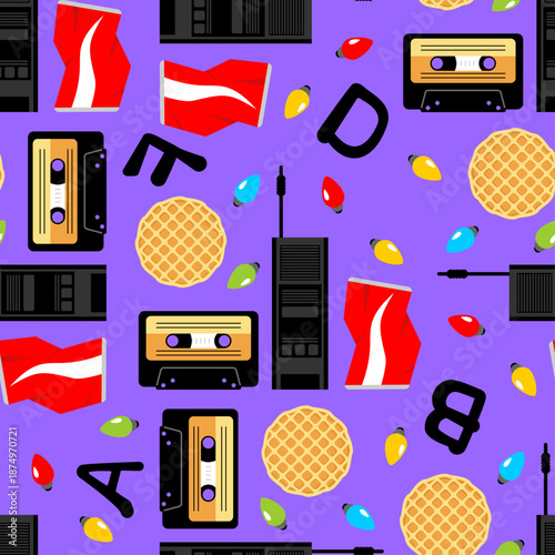 80s retro pattern with waffles, cassette tapes and walkie-talkies on blue. Vintage seamless design with nostalgic items and red flags. Perfect for geek culture merchandise and fabric.