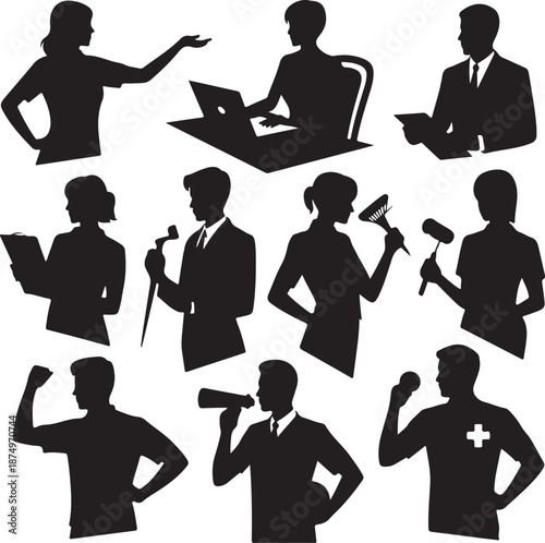 set of black silhouettes of business people and professionals