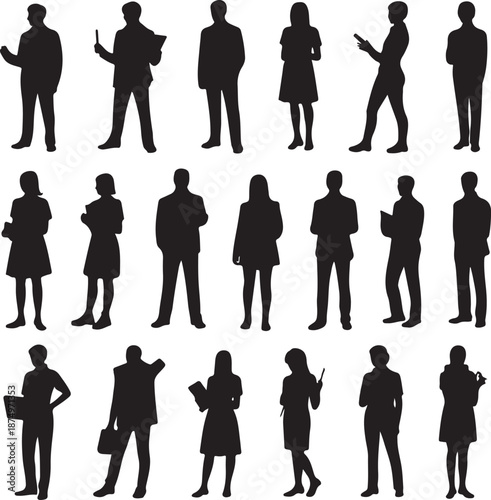 set of black silhouettes of people in various poses on white background