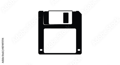 A striking black and white depiction of a vintage floppy disk in silhouette
