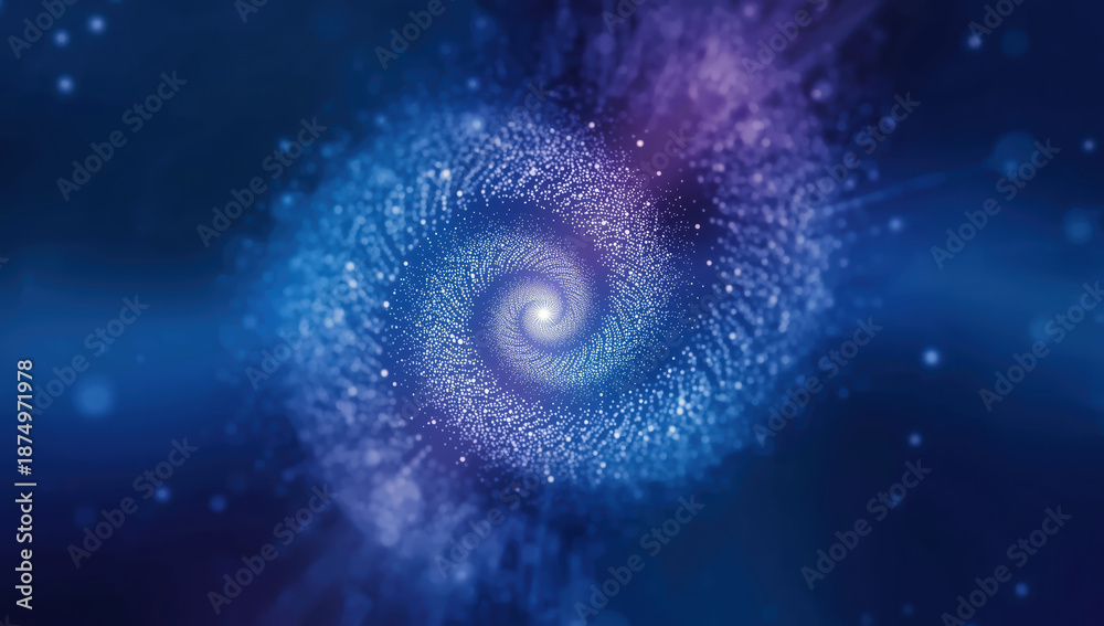 Fototapeta premium Galaxy spiral nebula glowing particle vortex in blue and purple with dreamy depth