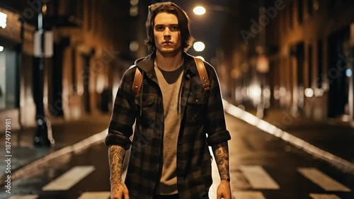 Young Male Musician in Checkered Shirt with Guitar at Night in Urban Setting