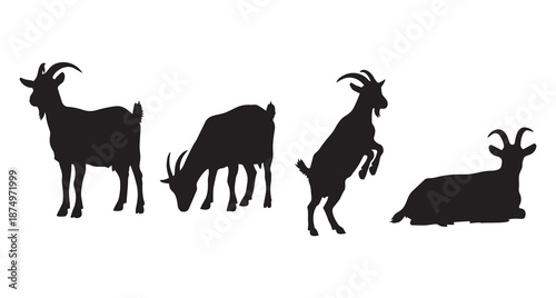 Black goat silhouettes vector, farm animal design, grazing wildlife icons in black and white illustration