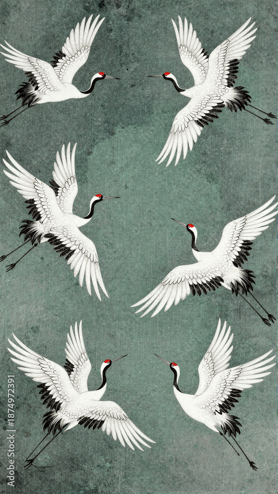Fototapeta premium Elegant Japanese style wallpaper pattern featuring graceful white cranes soaring across a deep teal green textured background for a sophisticated interior design.