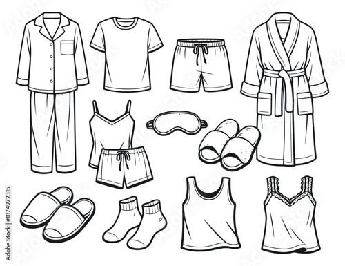 Hand drawn line art sleepwear and loungewear set featuring pajamas, robe, slippers, and eye mask for comfort and relaxation