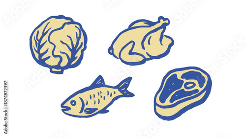 A blue and white illustration of various food items on a plain background