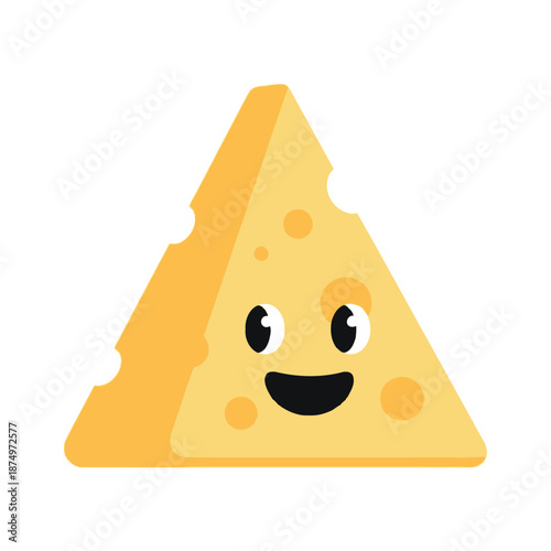 Friendly smiling cheese wedge character with holes, flat vector illustration with solid colors, fun and playful design for food and dairy themes