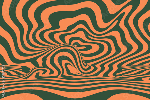 Warped abstract background features undulating lines in saturated orange and deep green creating an optical illusion.